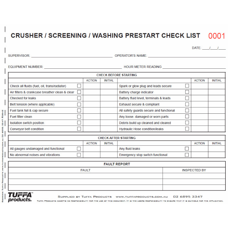 Crushing/Screening/Washing Prestart Checklist Books Code: DB42
