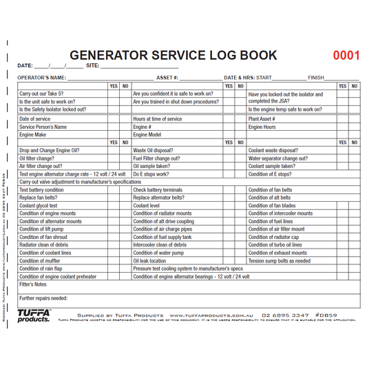 Generator Service Logbook Code DB59