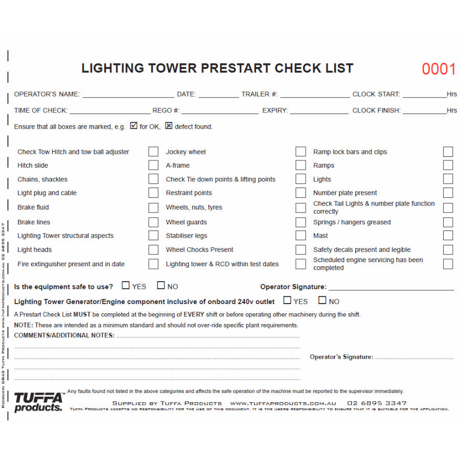 Lighting Tower Prestart Checklist Books Code DB43