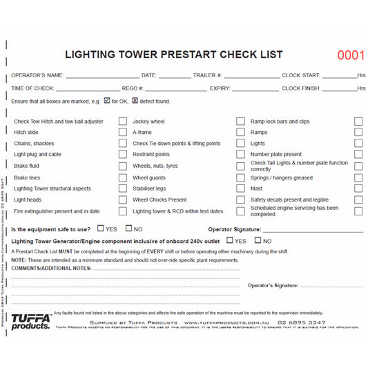 Lighting Tower Prestart Checklist Books Code DB43