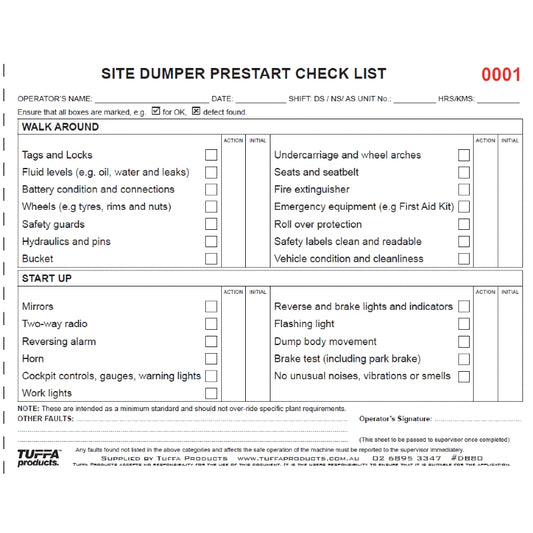 Site Dumper Prestart Checklist Books Code DB80