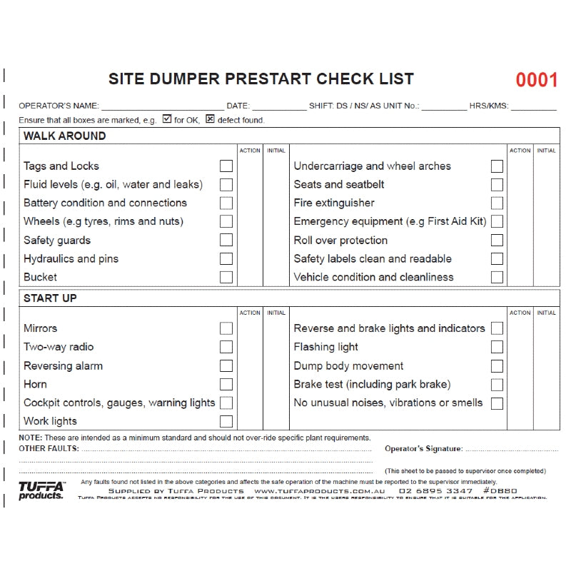 Site Dumper Prestart Checklist Books Code DB80