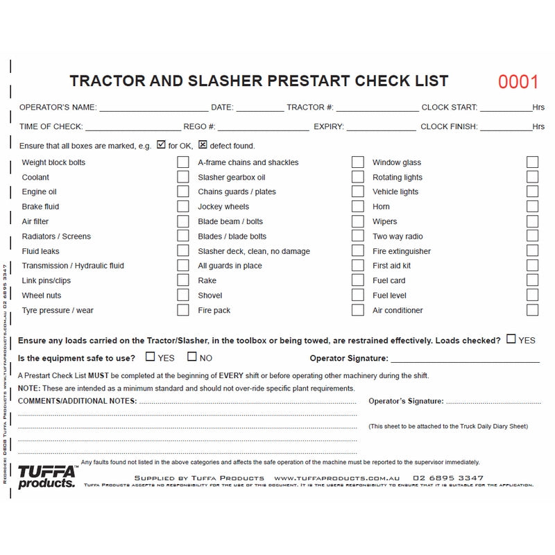 Tractor & Slasher Prestart Checklist Books Code DB32