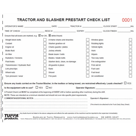 Tractor & Slasher Prestart Checklist Books Code DB32