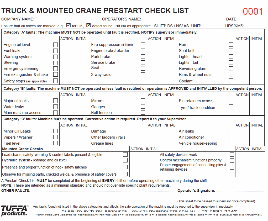 Truck & Mounted Crane Prestart Checklist Books DB30