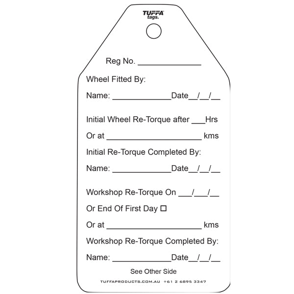 Semi-Trailer Wheel Re Torque Tags (packs of 100) Code WT04