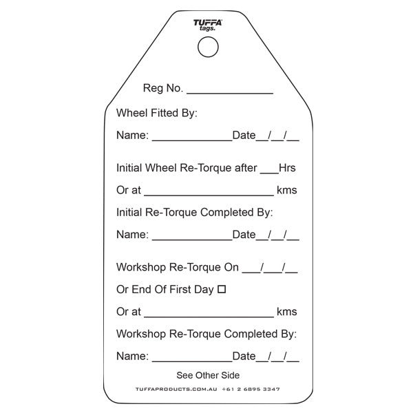 Road Train Wheel Re Torque Tags (packs of 100) Code WT06