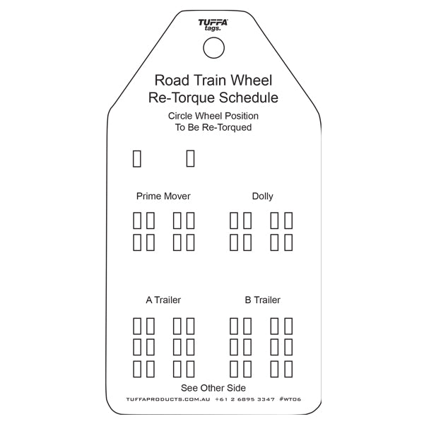 Road Train Wheel Re Torque Tags (packs of 100) Code WT06