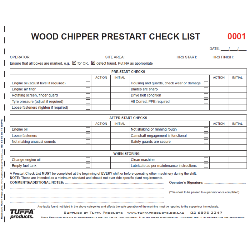Wood Chipper Prestart Checklist Books DB57
