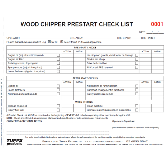 Wood Chipper Prestart Checklist Books DB57