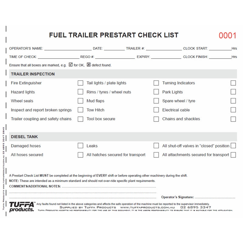 Fuel Trailer Prestart Checklist Books Code DB45