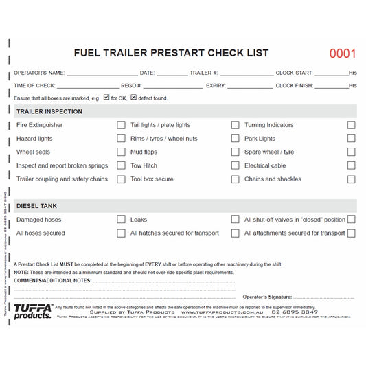 Fuel Trailer Prestart Checklist Books Code DB45