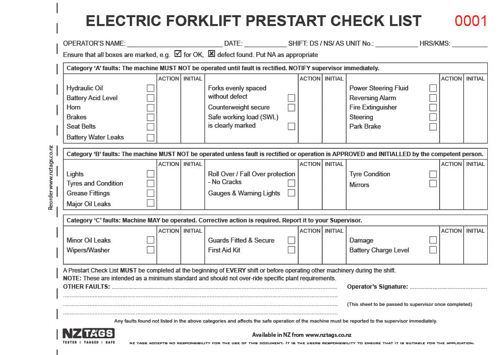 Electric Forklift Prestart Checklist Books