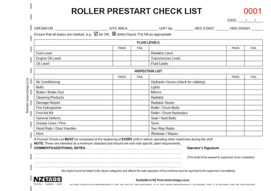 Roller Prestart Checklist Books DB17