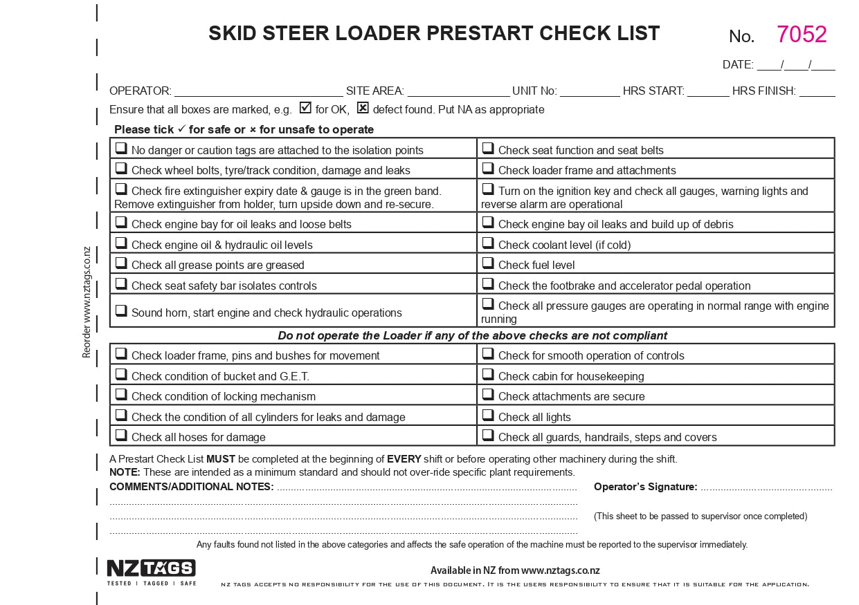 Skid Steer Prestart Checklist Book DB10