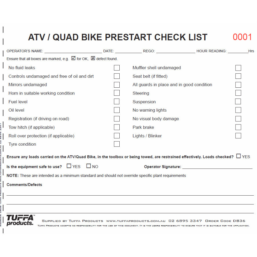 ATV / Quad Bike Prestart Checklist Books DB36