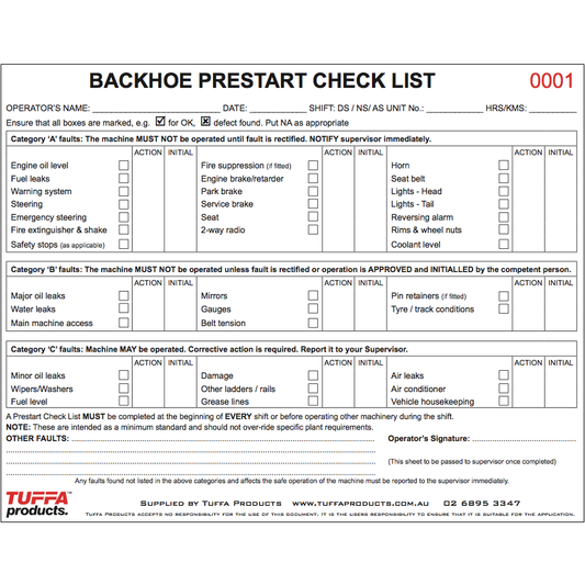 Backhoe Prestart Checklist Books