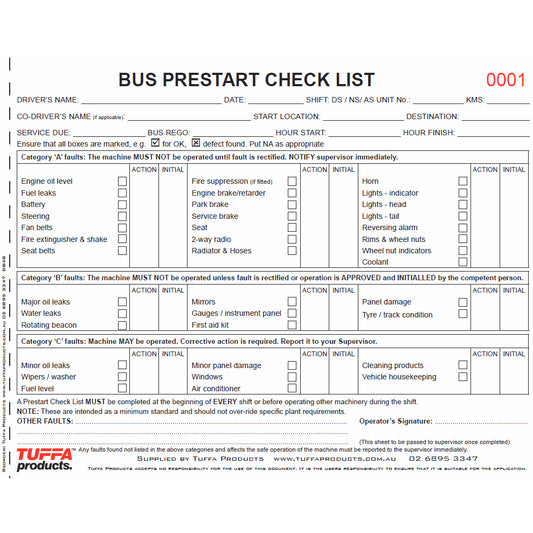 Bus Prestart Checklist Books