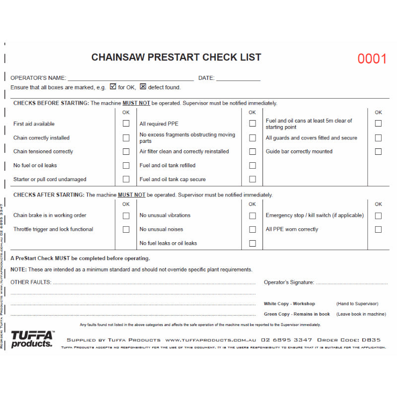 Chainsaw Prestart Checklist Books DB35