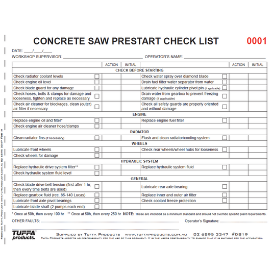 Concrete Saw Prestart Checklist Book DB19