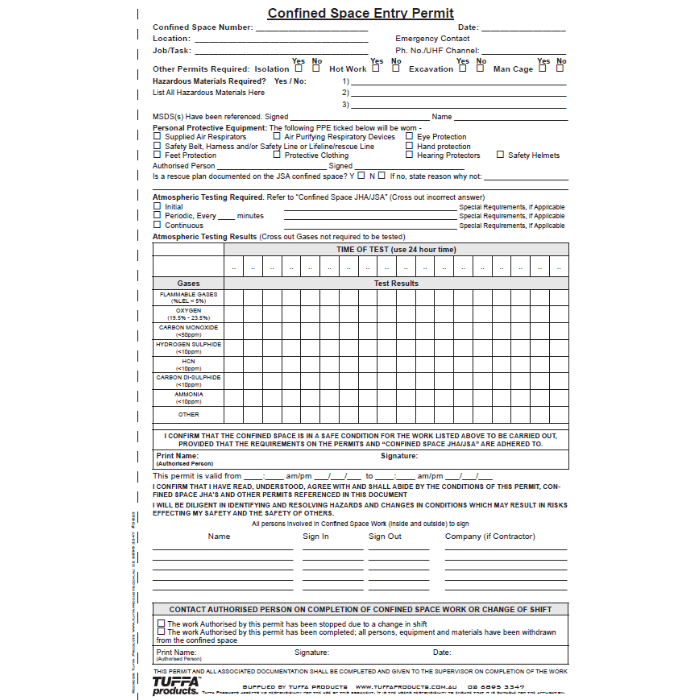 Confined Space Permit Book