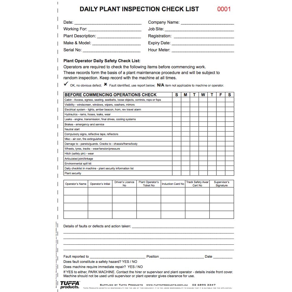 Plant Daily Checklist Book Code DB13