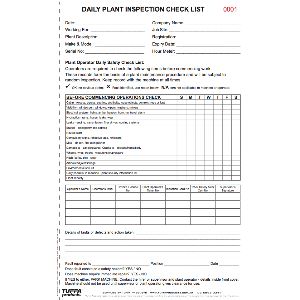 Plant Daily Checklist Book