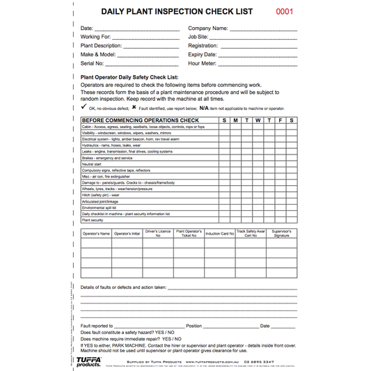 Plant Daily Checklist Book Code DB13
