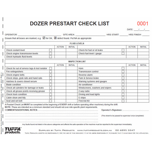 Dozer Prestart Checklist Books DB14