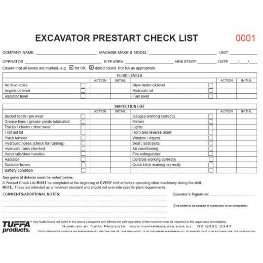 Excavator Prestart Checklist Book