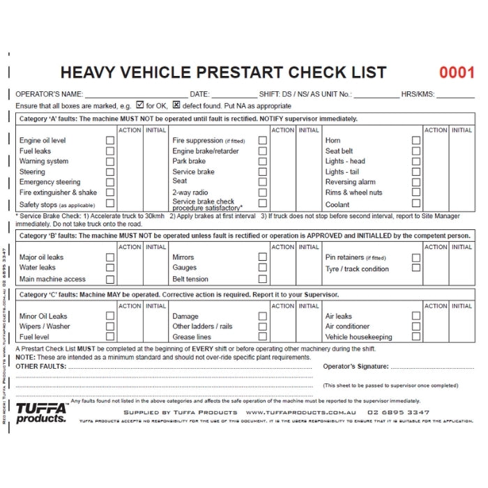 Heavy Vehicle Prestart Checklist Books