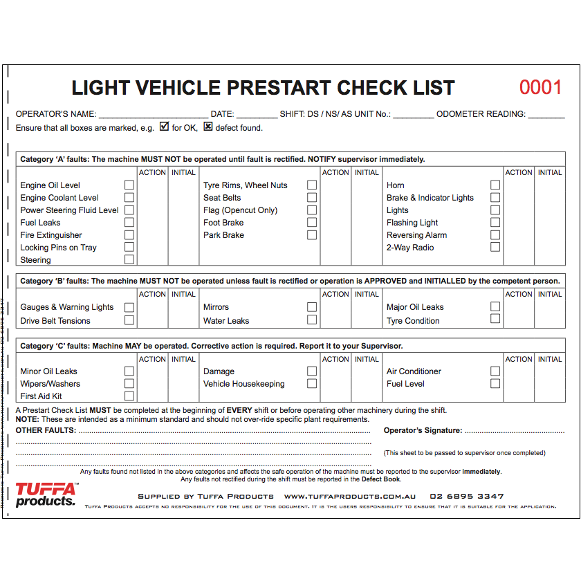 Light Vehicle Pre Start Checklist Books DB01