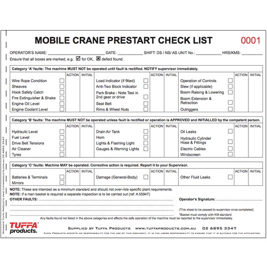 Mobile Crane Prestart Checklist Book