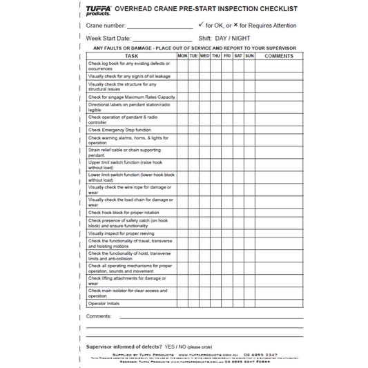 Overhead Crane Prestart Checklist Books