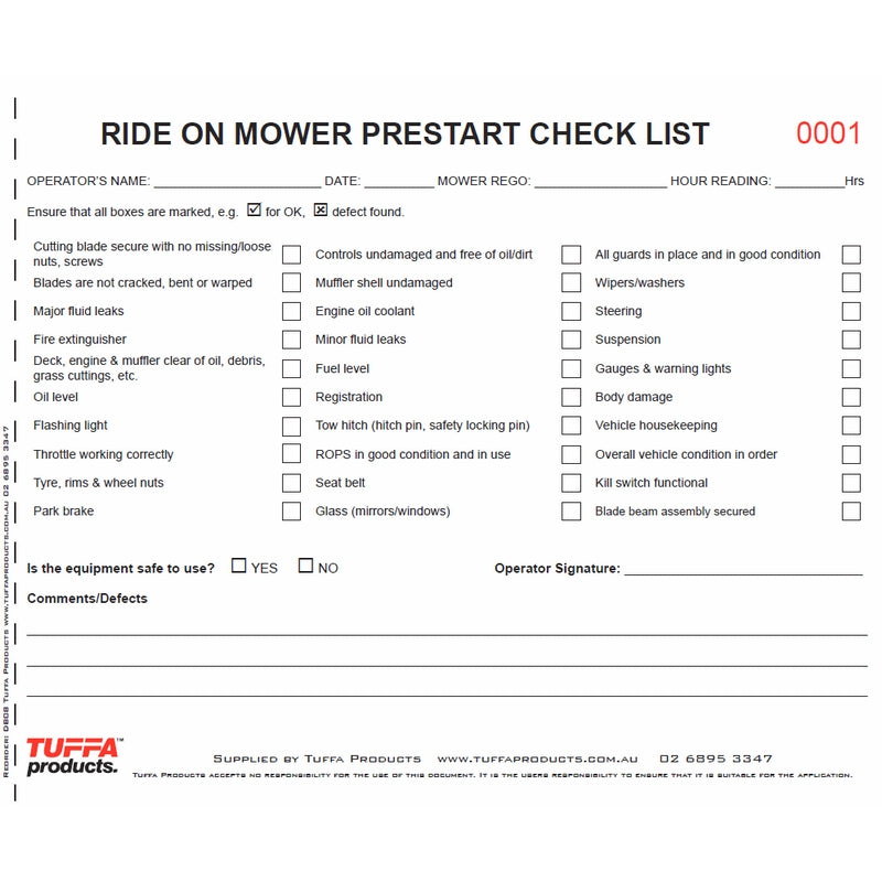 Ride on Mower Prestart Checklist Books DB08