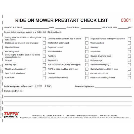 Ride on Mower Prestart Checklist Books DB08