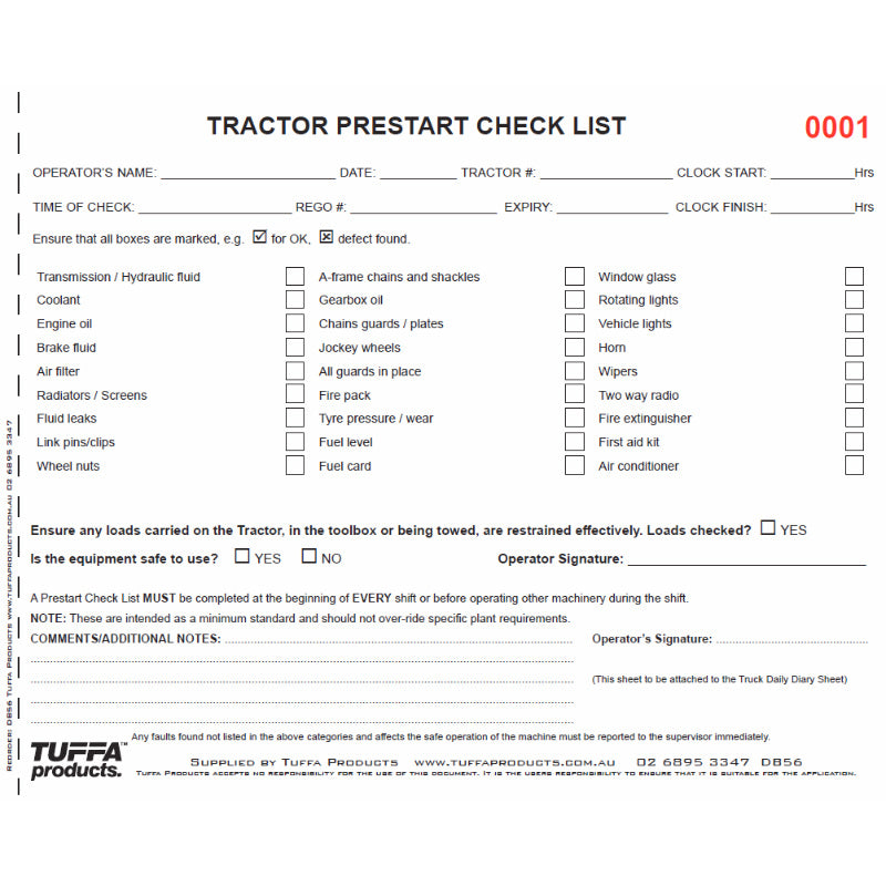 Tractor Prestart Checklist Books DB56