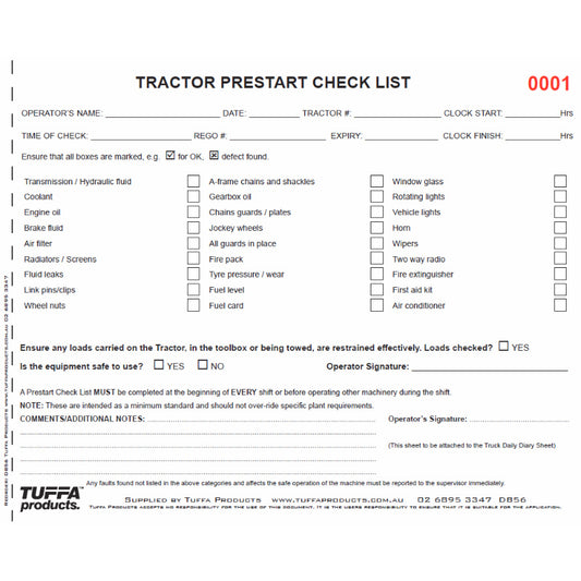 Tractor Prestart Checklist Books DB56