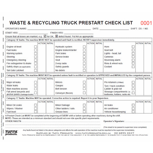 Waste & Recycling Truck Prestart Checklist Books DB53