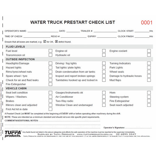Water Truck Prestart Checklist Books DB47
