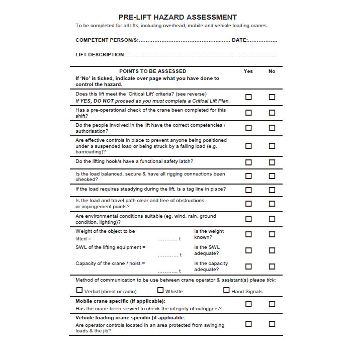 Pre Lift Hazard Assessment Book