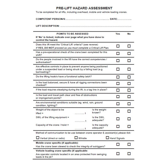 Pre Lift Hazard Assessment Book Code DB61