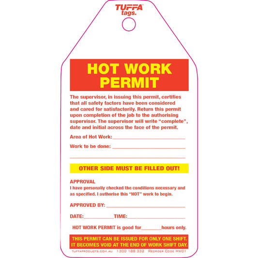 Hot Work Permit Tags Hot Work Permit Tags (packs of 100) Code HW01