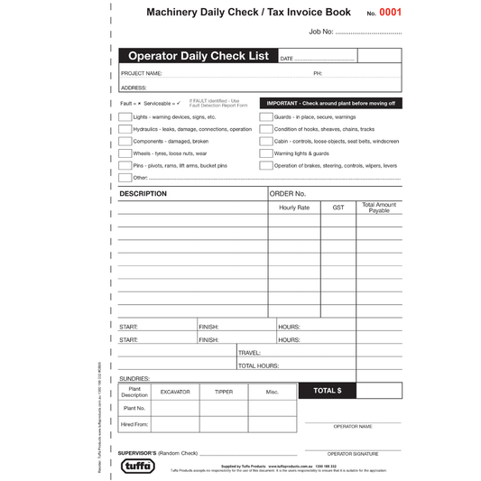 Machinery Daily Check / Tax Invoice Prestart Book Code DB66