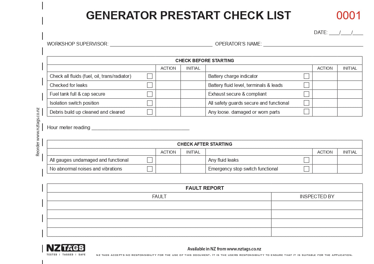 Generator / Welder Prestart Checklist Books