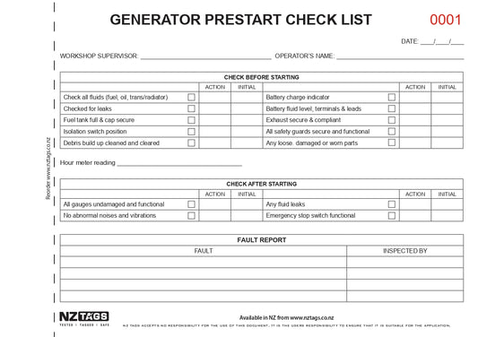 Generator / Welder Prestart Checklist Books