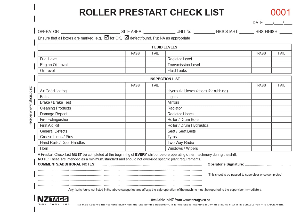 Roller Prestart Checklist Books DB17