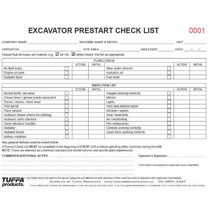 Machine Pre Start Checks Excavator Prestart Checklist Book – NZ Tags