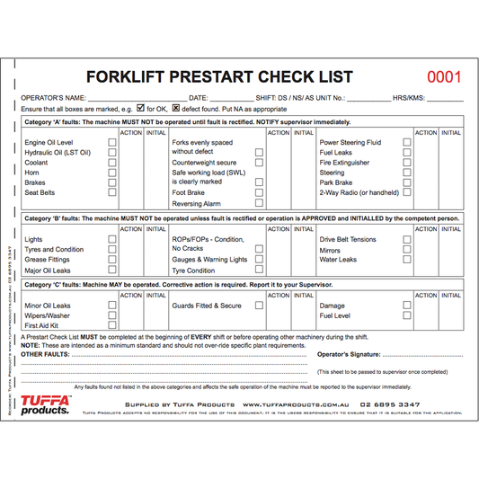 Forklift Prestart Checklist Books DB03
