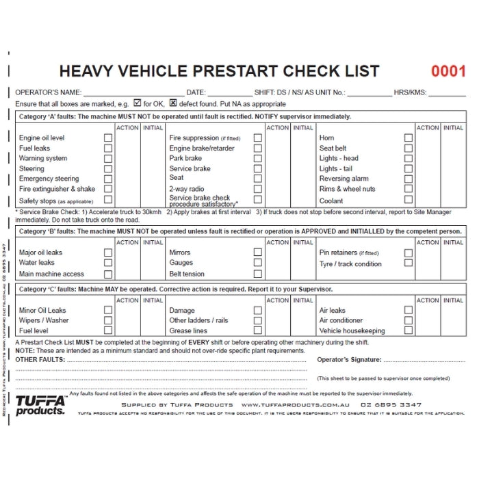 Pre Start Fly Out Example Heavy Vehicle Prestart Checklist Books – NZ Tags